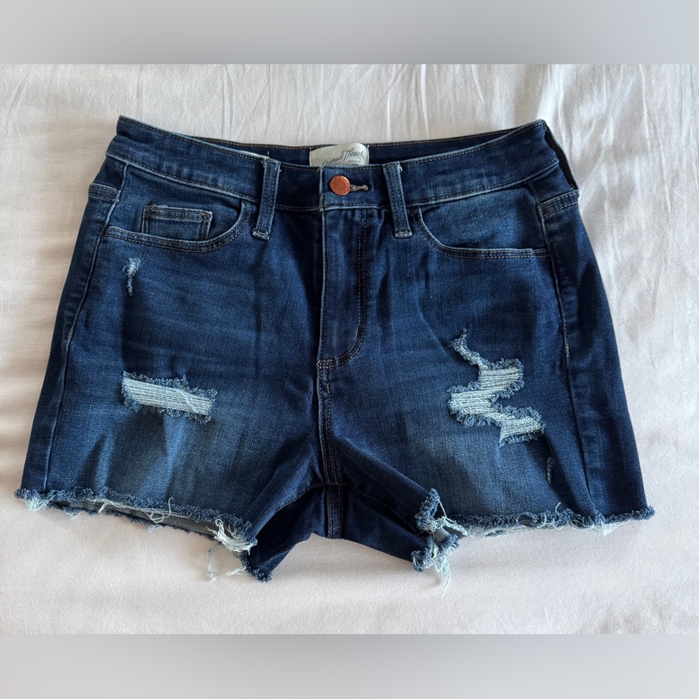Target Universal Thread High Rise Midi Dark Blue Distressed Denim Shorts Size 6